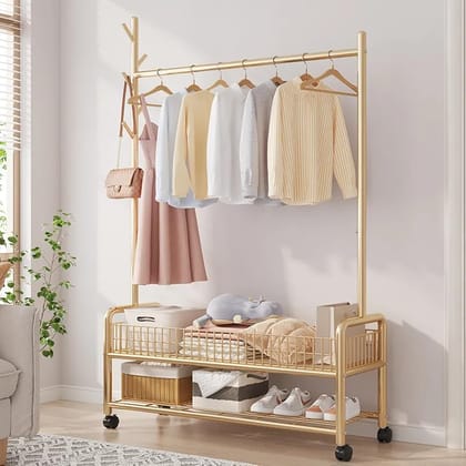  Gold Clothing Rack with 2 Tier Storage Shelves and Hanging Rod