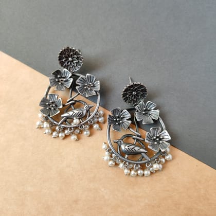 Antique silver look alike bird and leaf design long statement chandbali earrings for women Ethnic wear