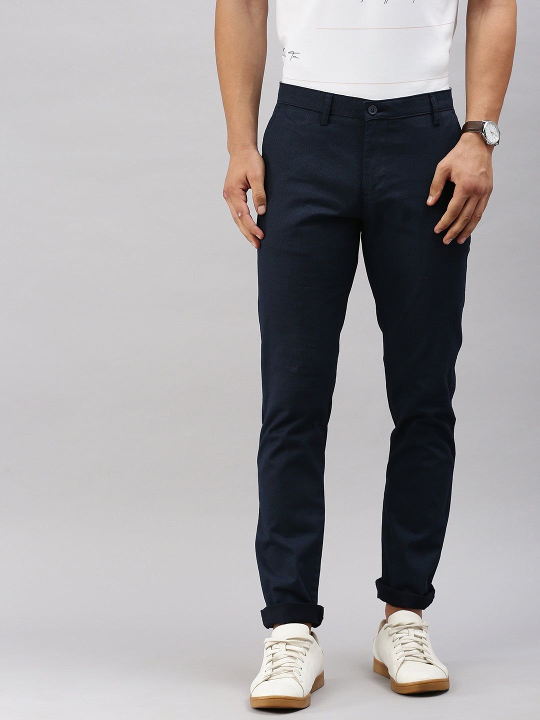 Classic Polo Men's Navy Blue Slim Fit Textured Casual Trouser | TP2-CL 04 B-NVY-MF-LY