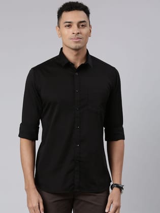 Classic Polo Men's Full Sleeve Black Polo Neck Cotton Slim Fit Casual Shirt | SP2-EL-08 B-FS-SLD-SF