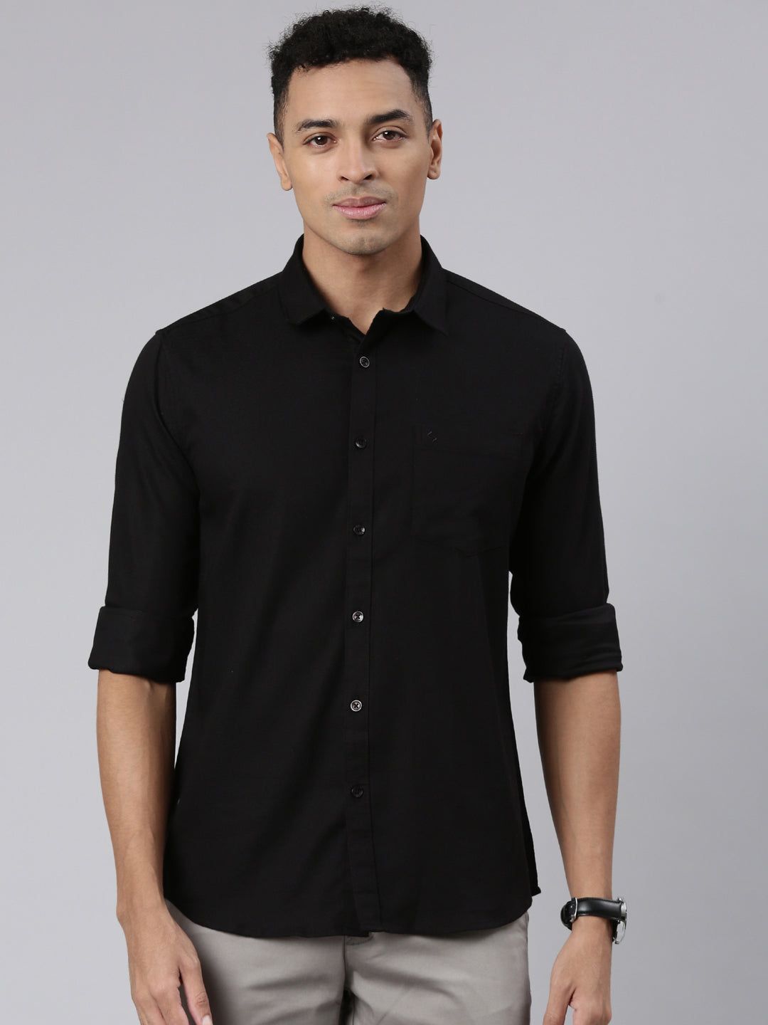 Classic Polo Men's Full Sleeve Black Polo Neck Cotton Slim Fit Casual Shirt | SP2-CL-54 B-FS-SLD-SF