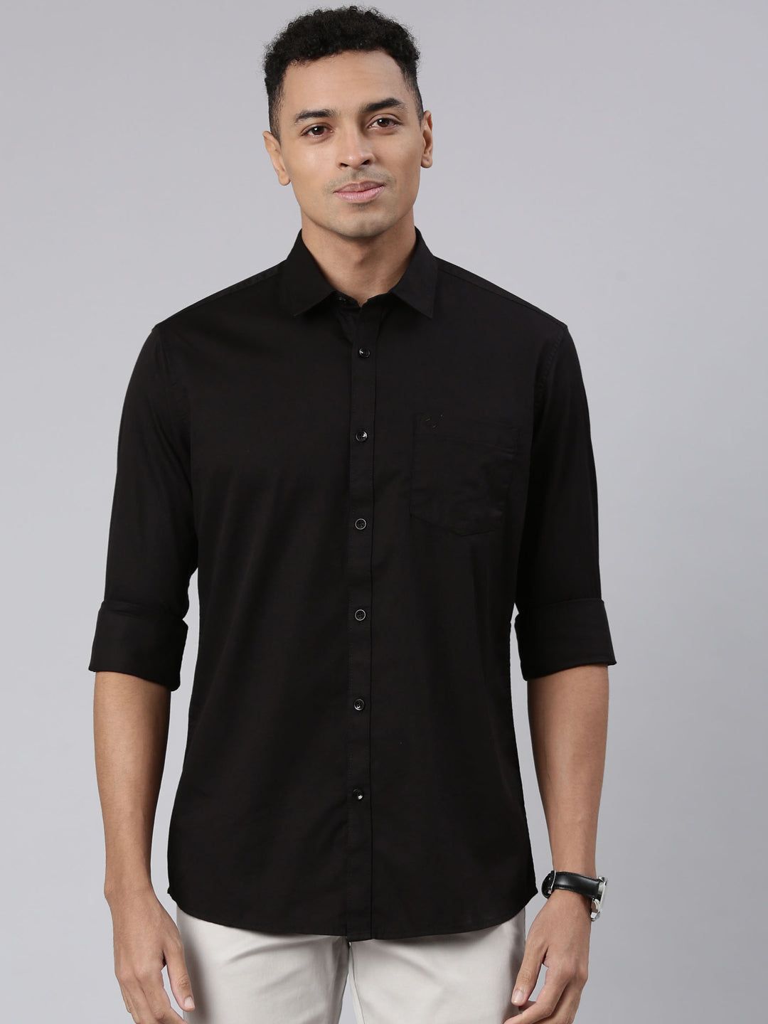 Classic Polo Men's Full Sleeve Black Polo Neck Cotton Slim Fit Casual Shirt | SP2-137-SLD-SF FS