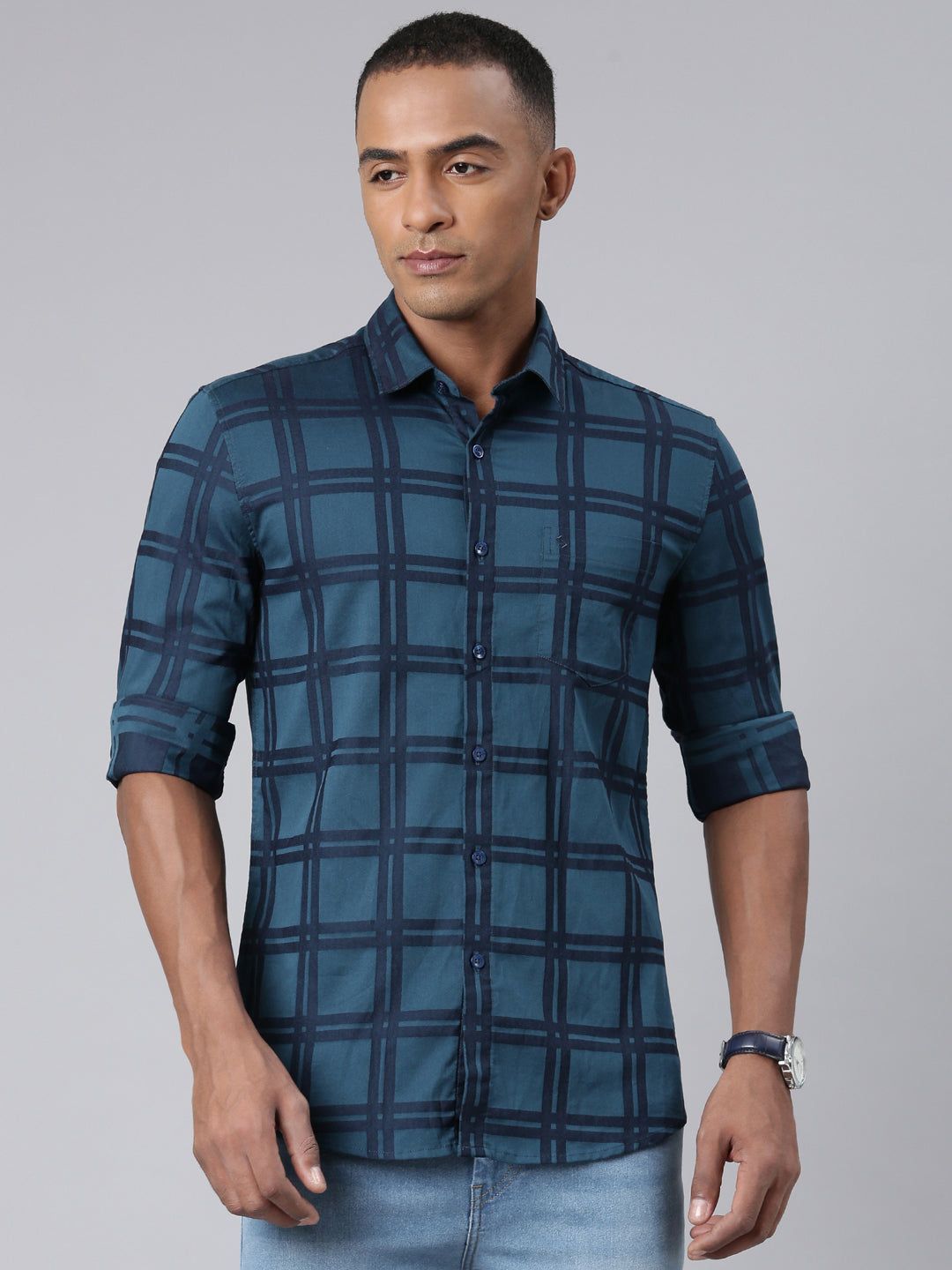 Classic Polo Mens Checks Teal Green Polo Neck Woven Slim Fit Shirt | SO2-107 C-FS-CHK-SF