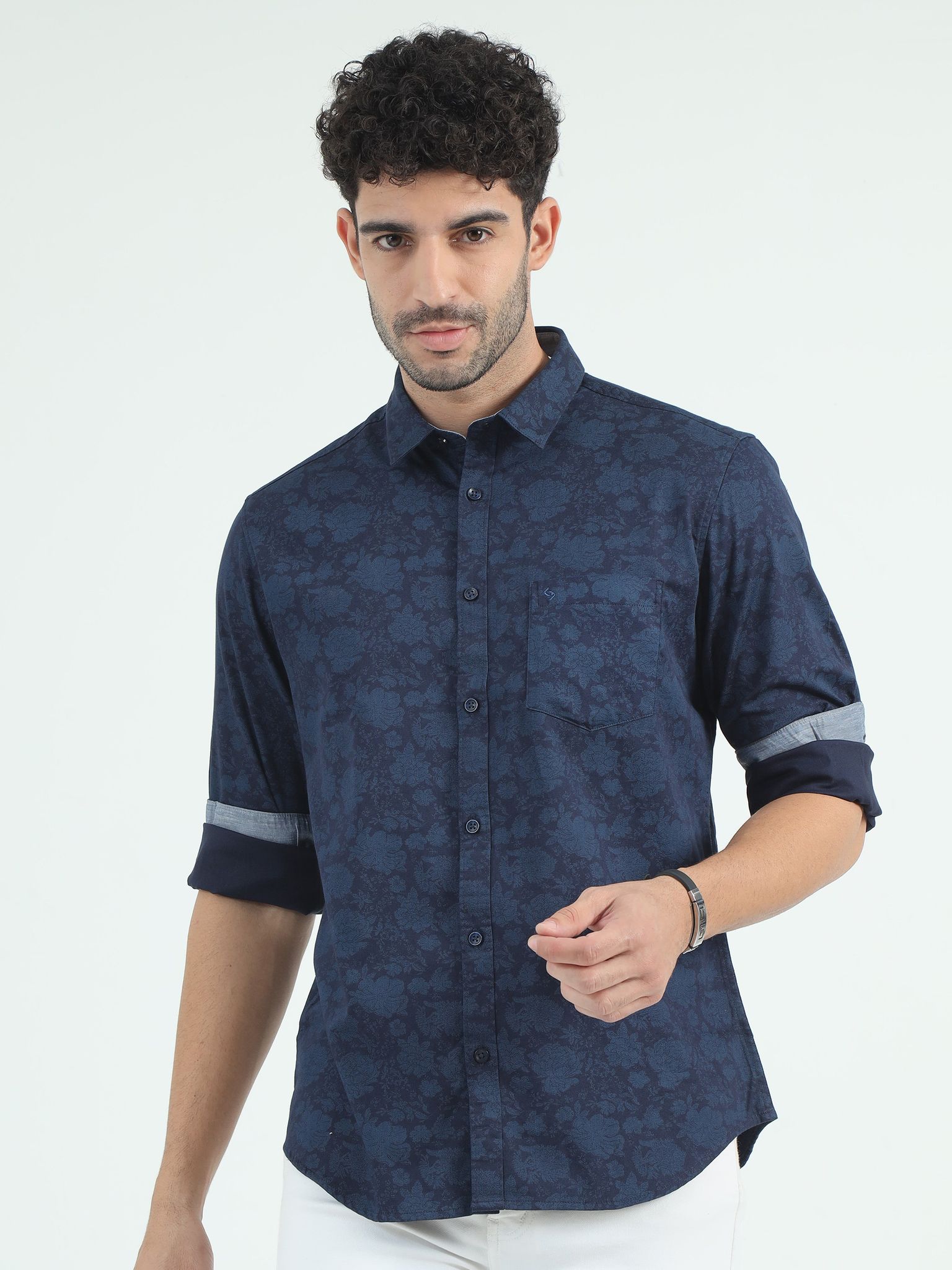 Classic Polo Men's Polo Neck Cotton Navy Blue Slim Fit Printed Shirt | SO2-38 A-FS-PRT-SF