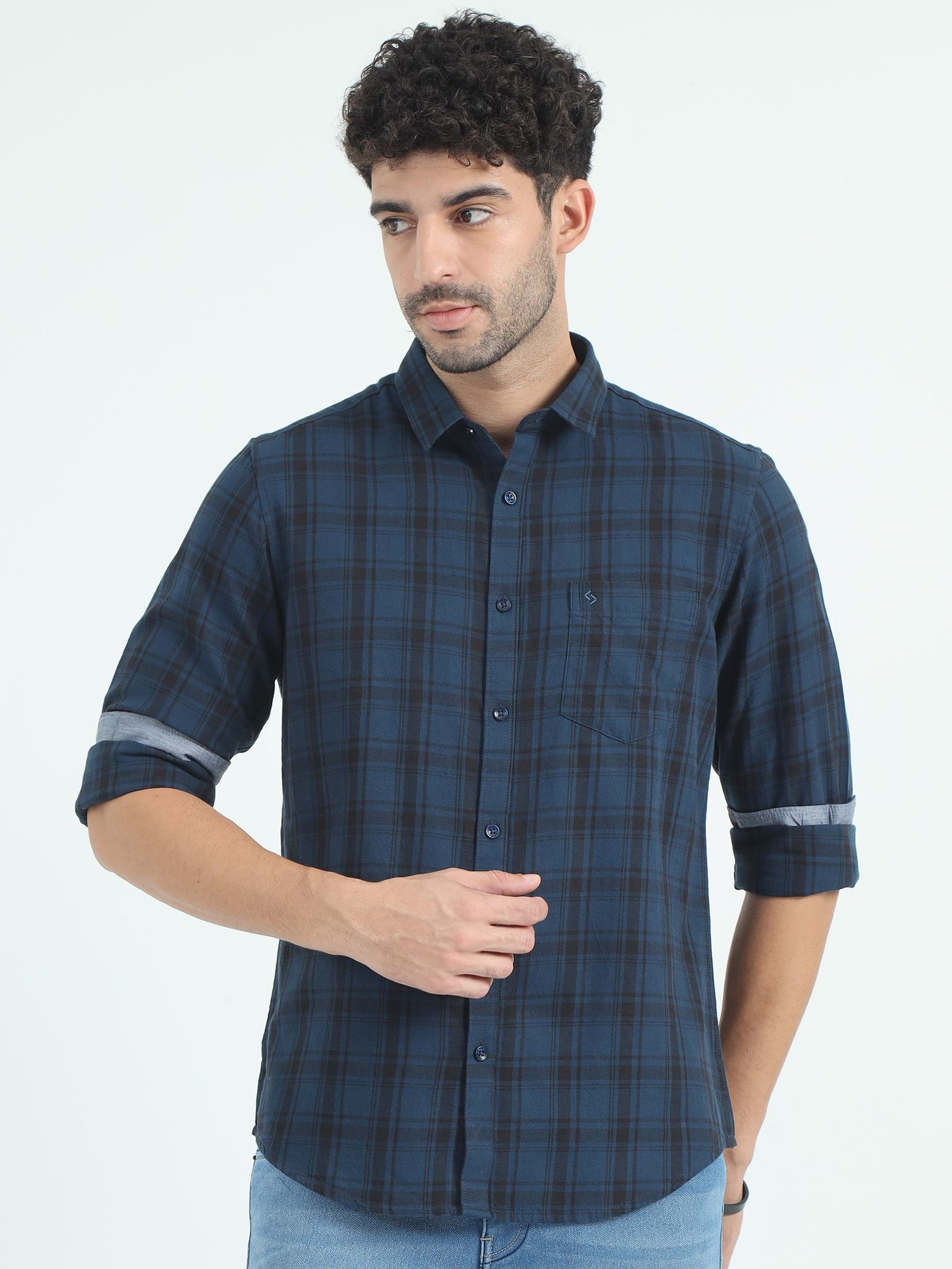 Classic Polo Men's Polo Neck Cotton Blue/Black Slim Fit Checked Shirt | SO2-22 A-FS-CHK-SF