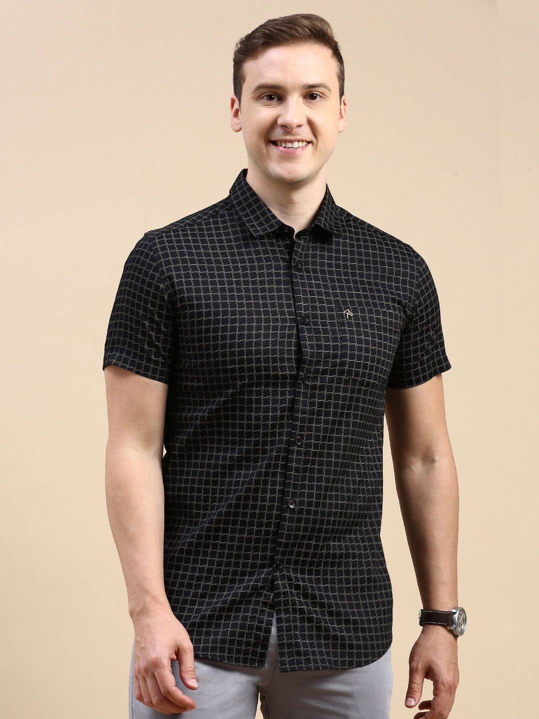 CP BRO Men's Polo Neck Cotton Black Slim Fit Printed Shirt | SBP1-26B-HS-PRT-BSL