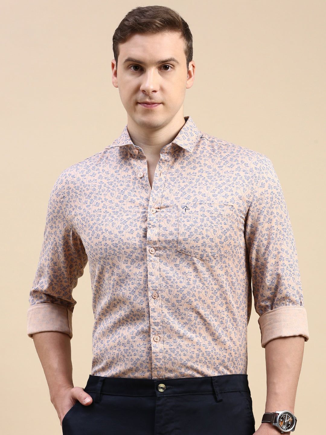 CP BRO Men's Polo Neck Cotton Dr.Peach Slim Fit Printed Shirt | SBO2-22A-FS-PRT-BSL