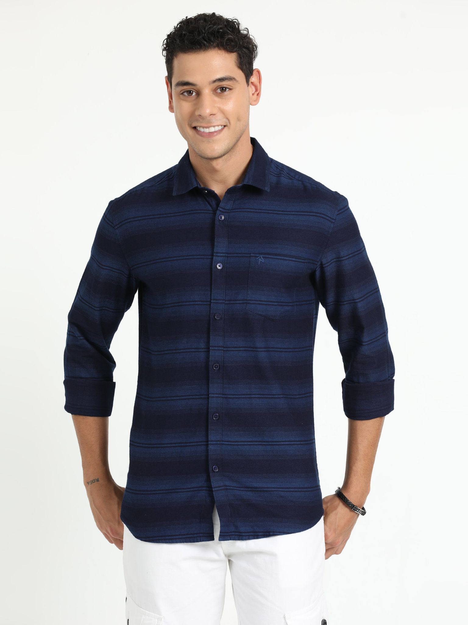 Cp Bro Men's Striped Navy Cotton Full Sleeve Woven Shirt | SBO2-36 A-FS-STR-BSL