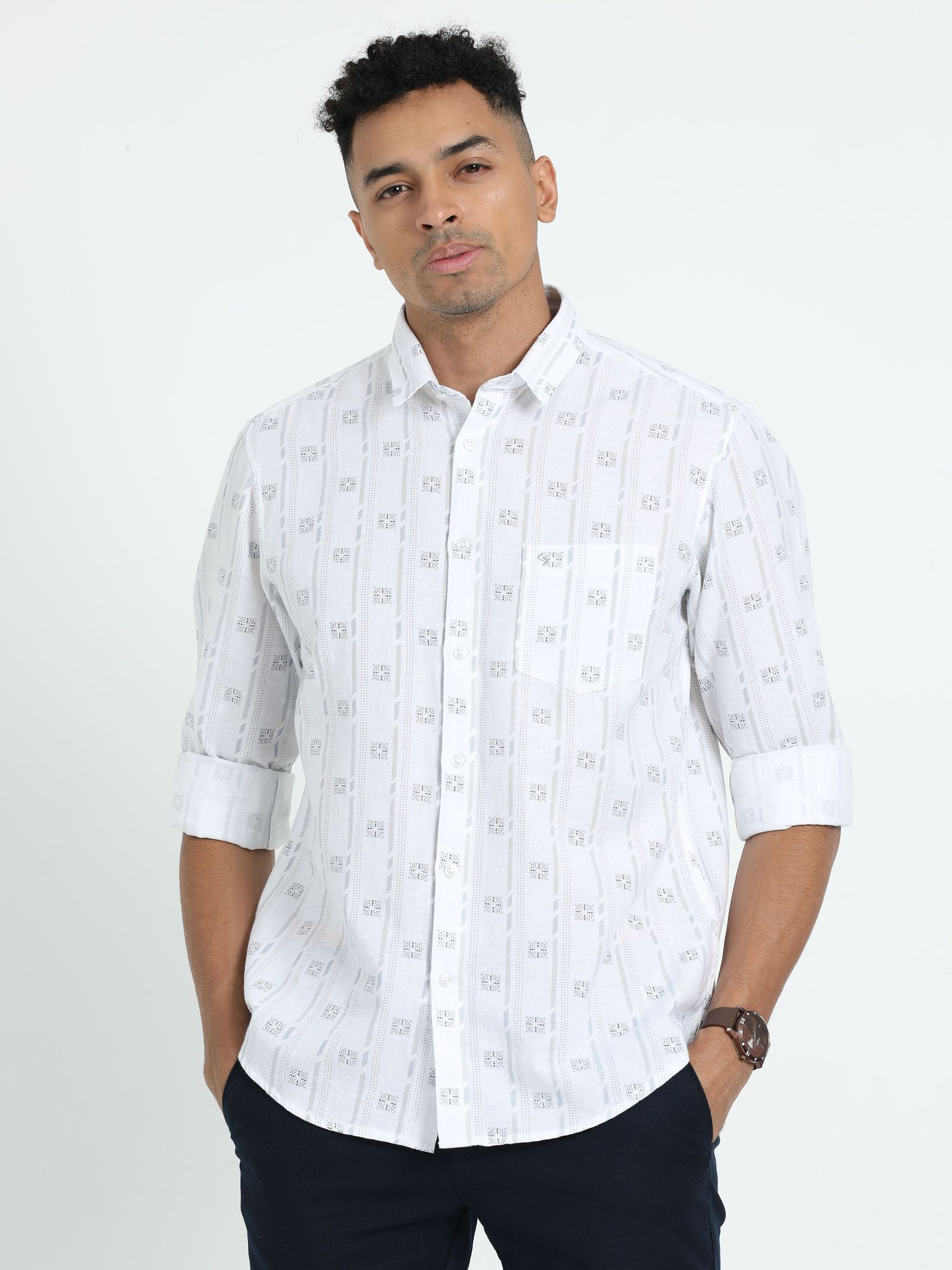 Classic Polo Men's Printed White Cotton Linen Full Sleeve Woven Shirt | LINEN - 44 A-FS-PRT-SF