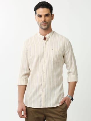 Classic Polo Mens Cotton Full Sleeve Striped Slim Fit Mandrain Neck Off-White Color Kurta | SO2-140 A-KURTA-FS-STR-SF