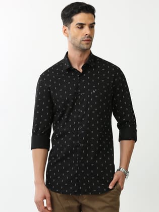 Classic Polo Mens Cotton Full Sleeve Printed Slim Fit Polo Neck Black Color Casual Shirt | SO2-120 B-FS-PRT-SF