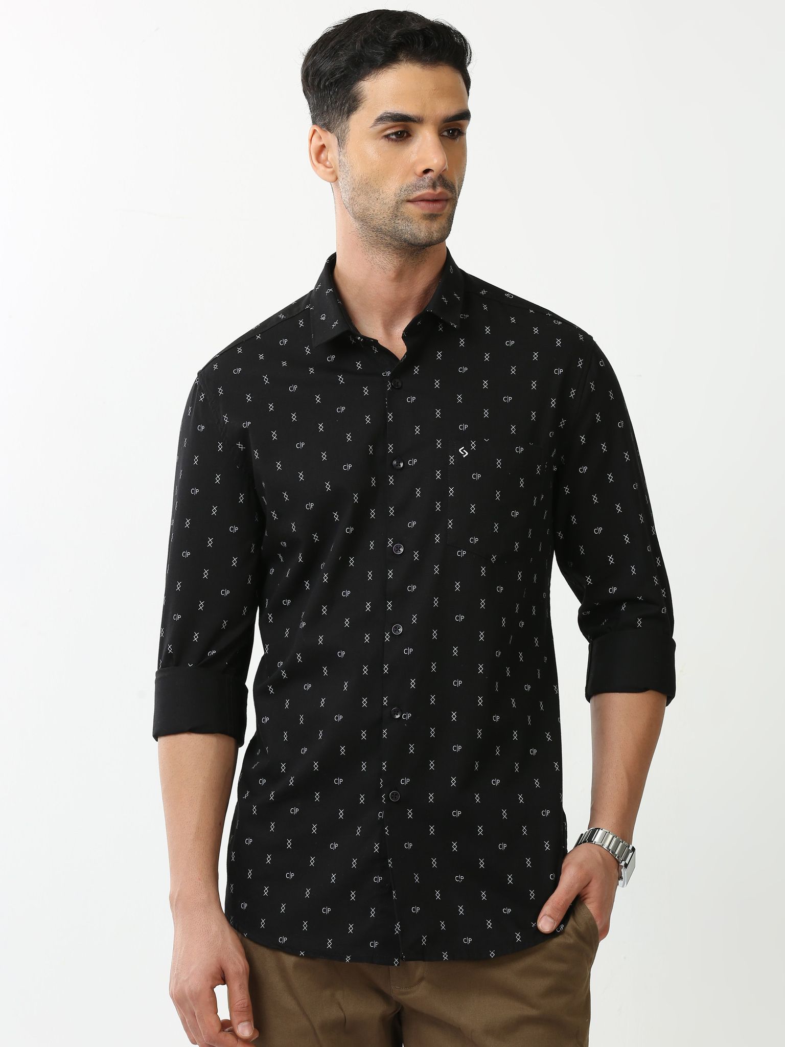 Classic Polo Mens Cotton Full Sleeve Printed Slim Fit Polo Neck Black Color Casual Shirt | SO2-120 B-FS-PRT-SF