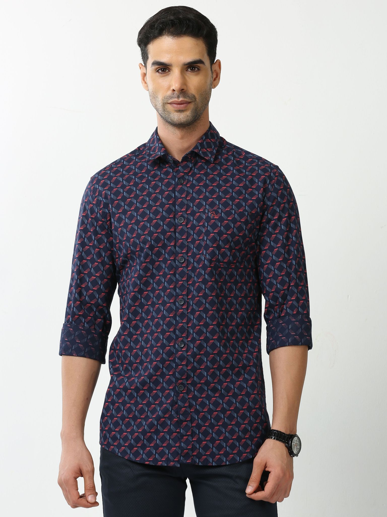 Classic Polo Mens Cotton Full Sleeve Printed Slim Fit Polo Neck Navy Blue Color Casual Shirt | SBO2-99 B-FS-PRT-BSL