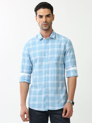 Classic Polo Mens Cotton Full Sleeve Checked Slim Fit Polo Neck Blue Color Casual Shirt | SBO2-66 B-FS-CHK-BSL