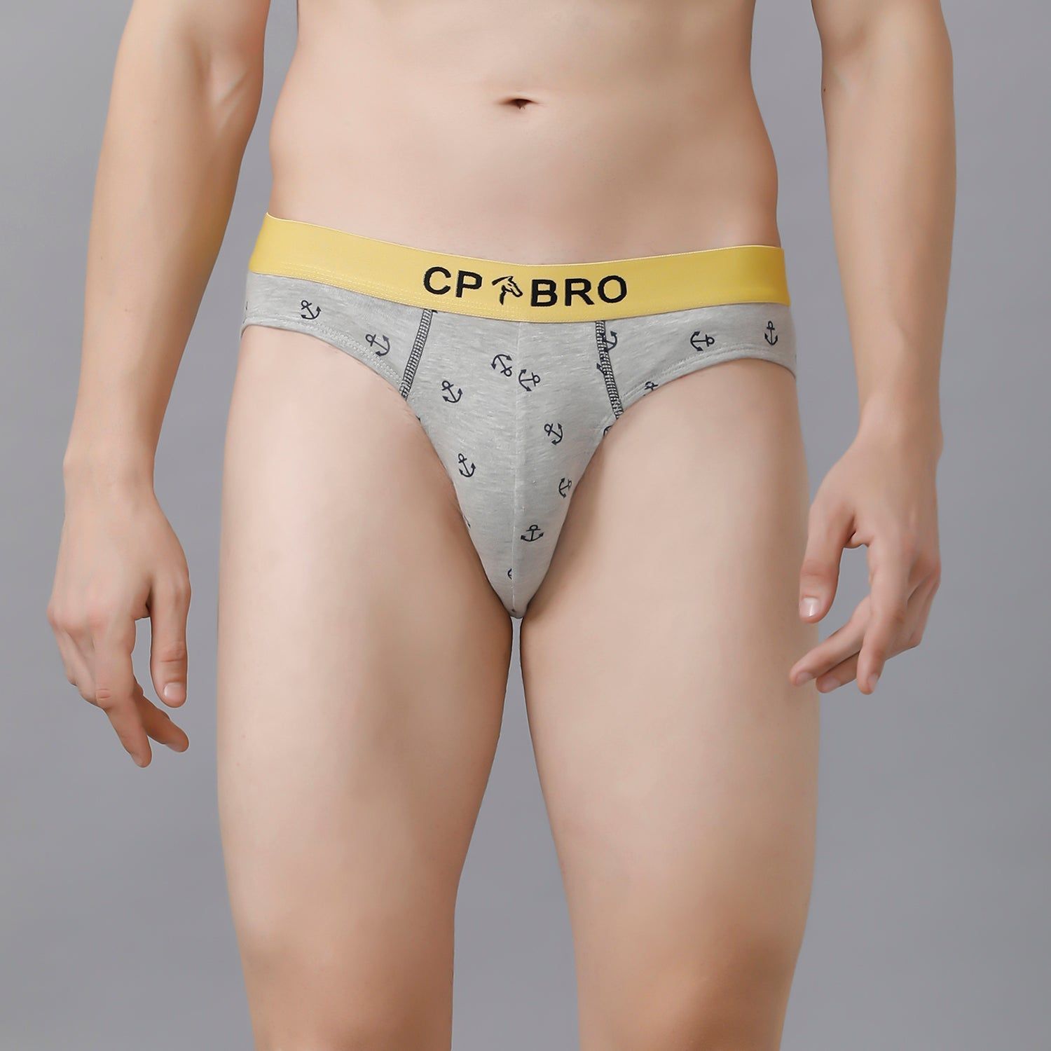 CP BRO Men's Printed Briefs with Exposed Waistband - Grey With Yellow Print