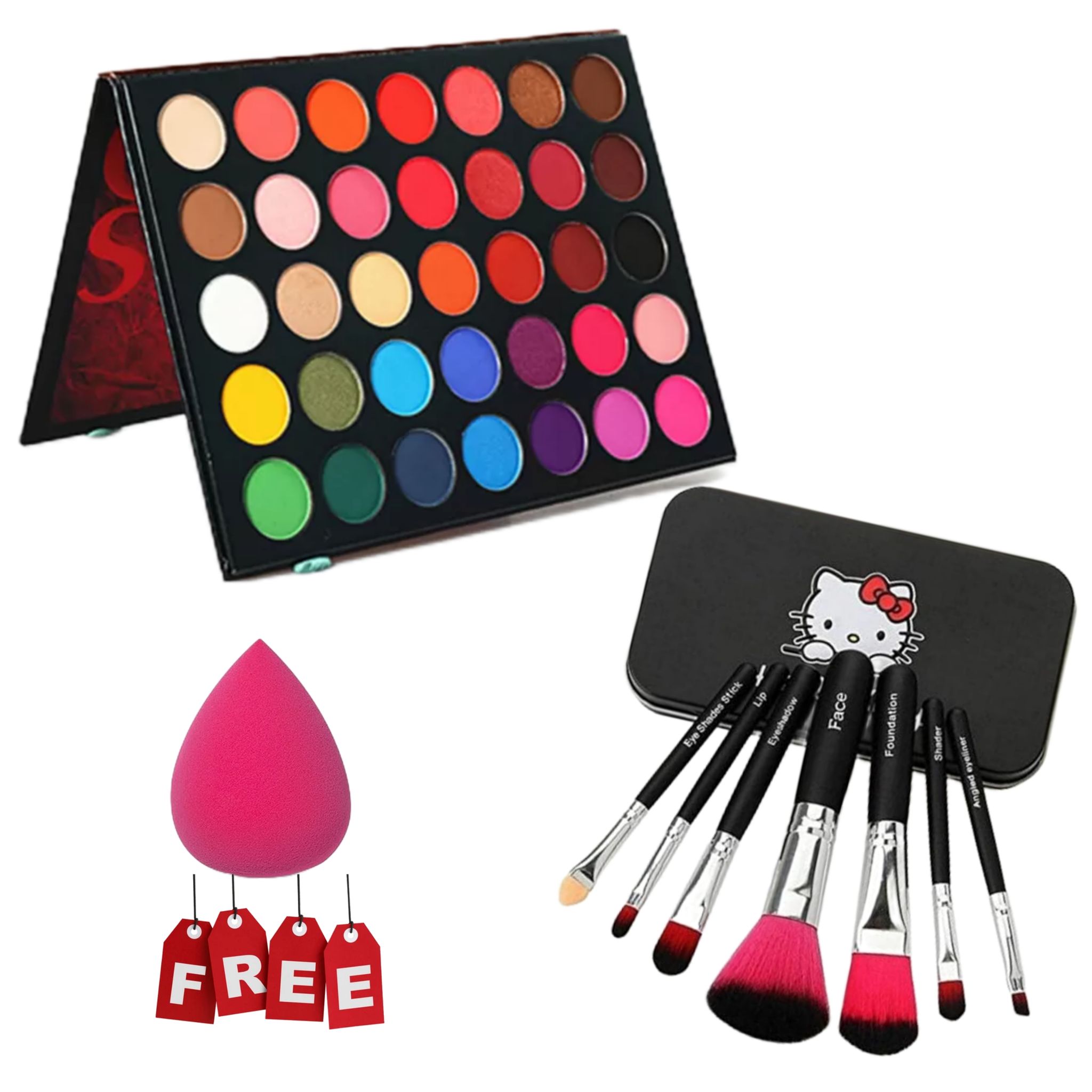 High Pigment Eyeshadow Palette Color Studio Makeup Colorful Shades Blendable Eye Shadow Palette (Multicolor) With Hello Kitty Makeup Brush Black (Set of 7) With Free Makeup Beauty Blender