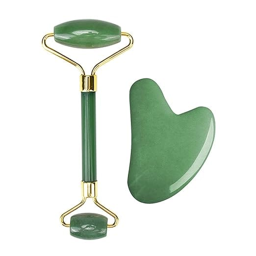 Natural Jade Roller & Gua Sha Set for Face, 100% Original Xiuyan Jade Roller for Facial Massage, Anti-Aging, Lymphatic Drainage, Beauty Skincare Tools