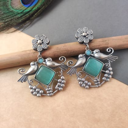 Antique Silver Look Alike Oxidised Monalisa Stone Bird Designs Chandbali Earrings For Women Ethnic Wear Earrings Under 200 Rupees