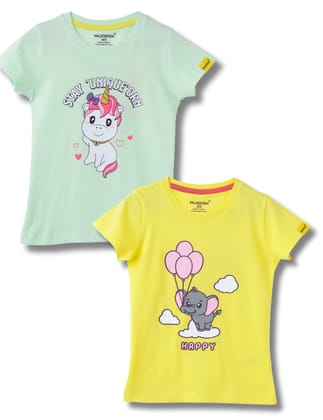 Girls T-Shirt Patina Green / Blazing Yellow, Soft Cotton, Ages 2-6 (2pcs pack)