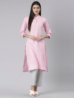 Women Solid Pink and Grey Striped Kurta Set