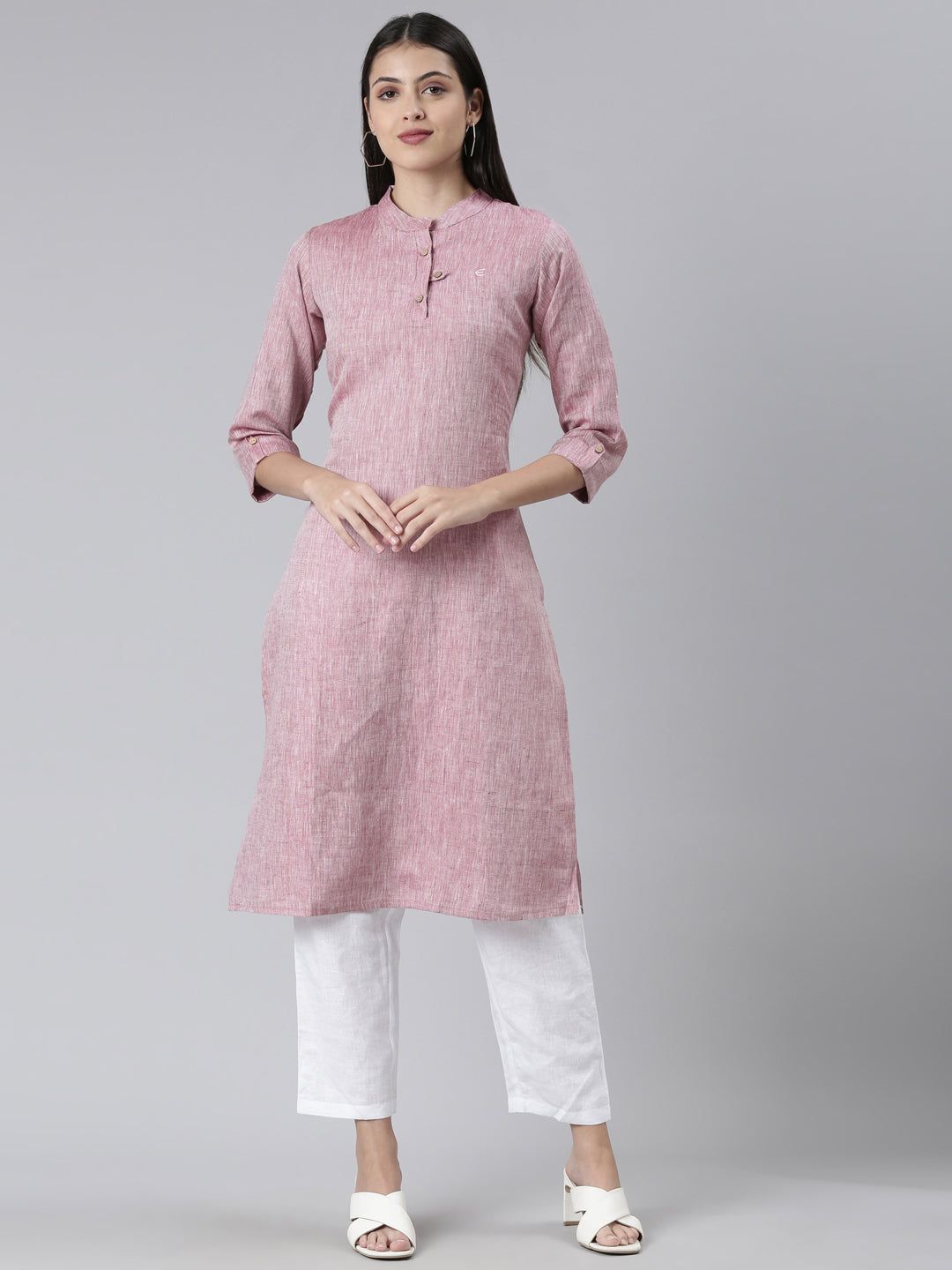 Women Solid Maroon and White Kurta Set