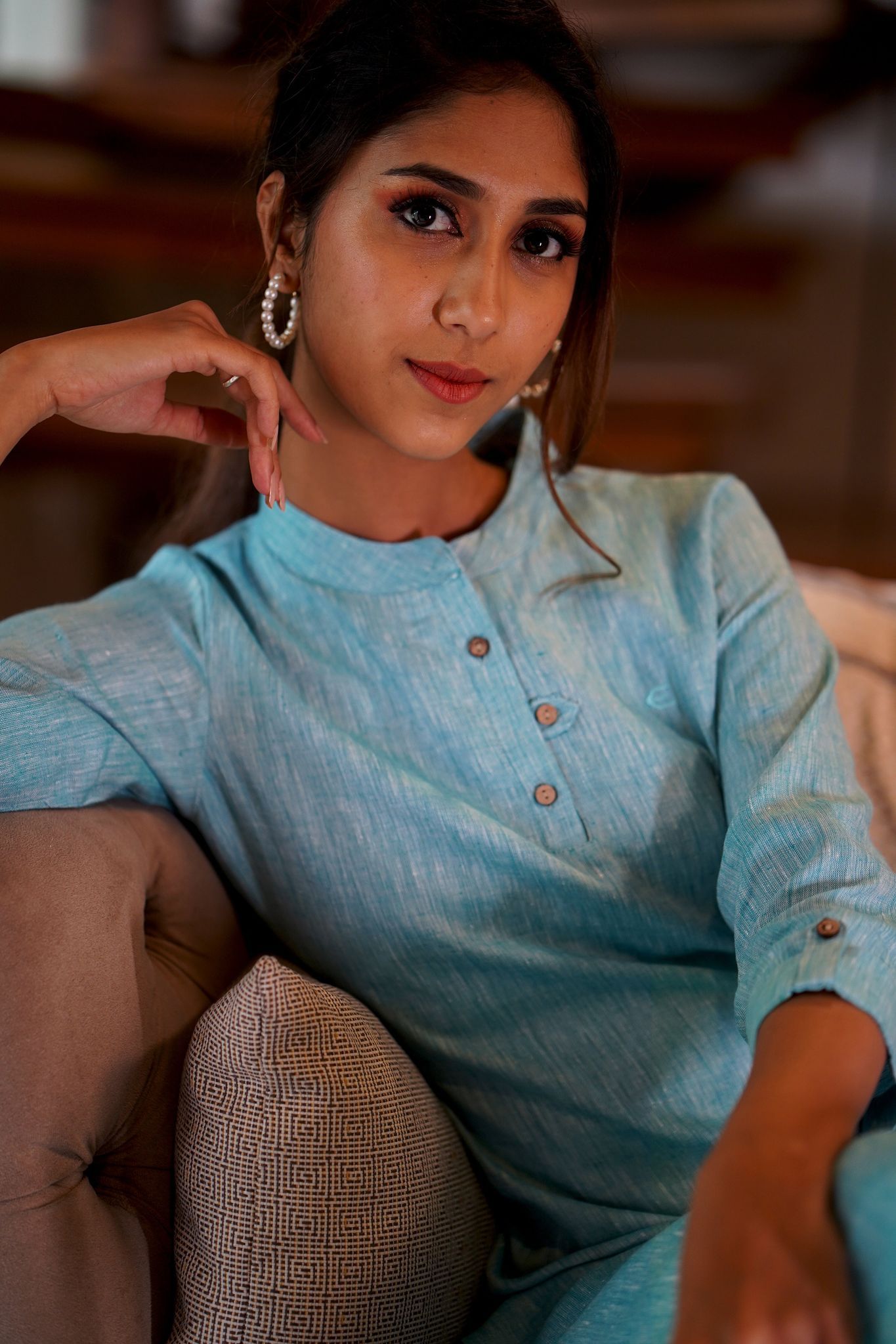 Women Hemp Teal Green Straight Kurta