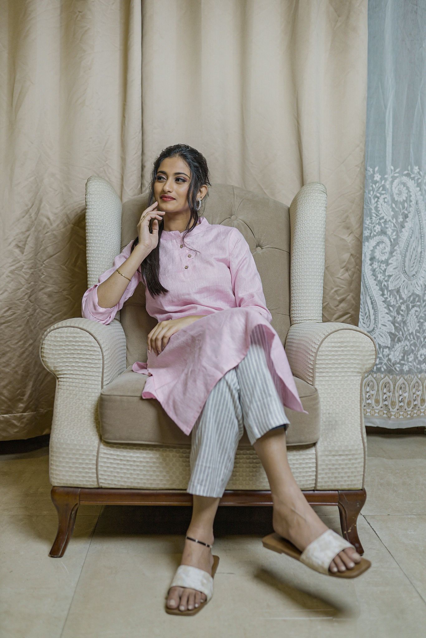 Women Hemp Pink Straight Kurta