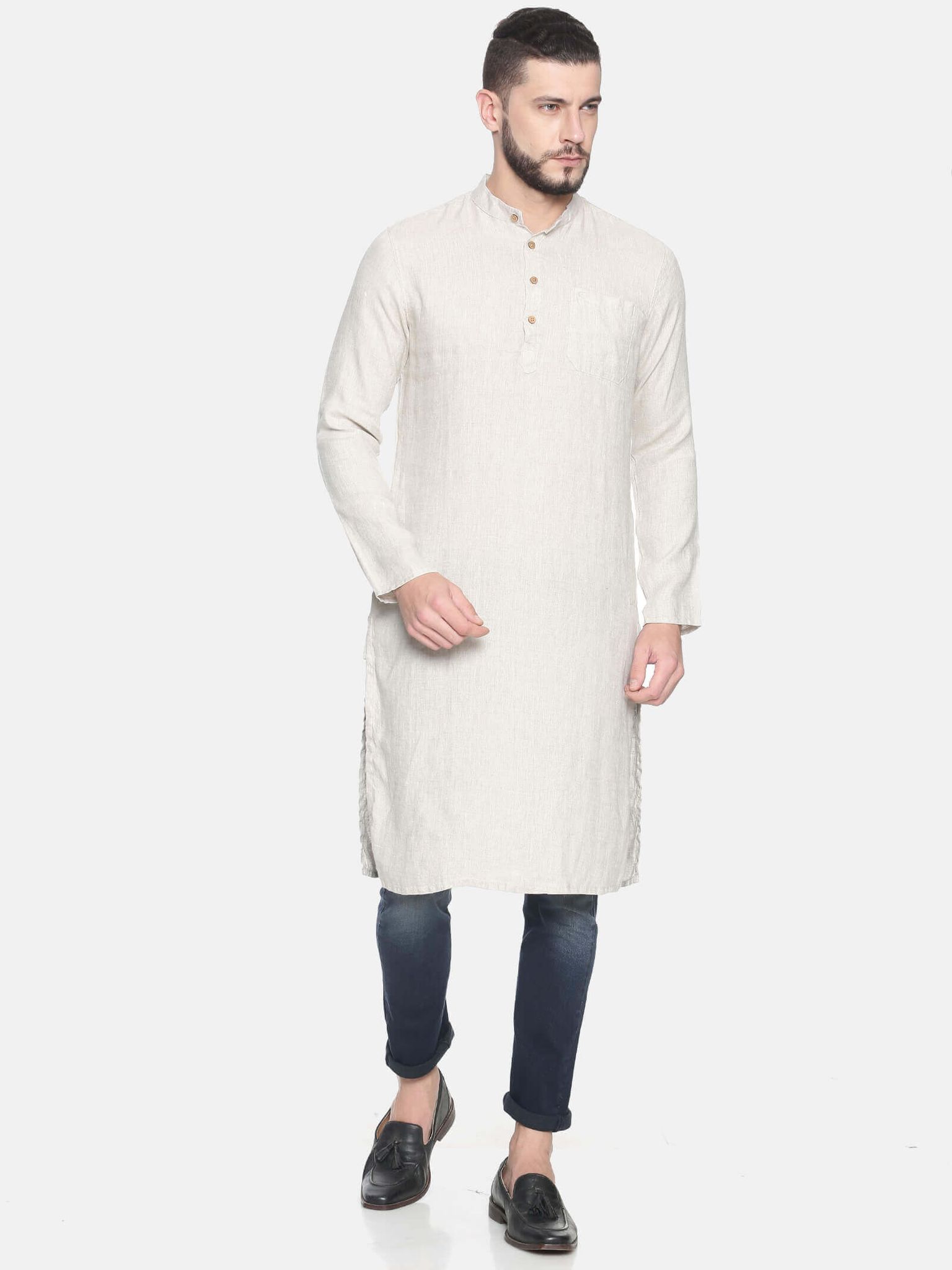 Men Beige Hemp Long Kurta