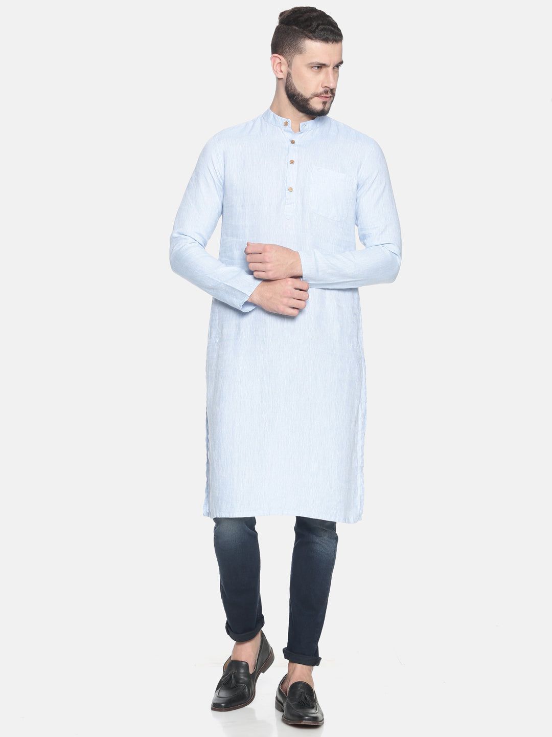 Men Sky Blue Hemp Long Kurta