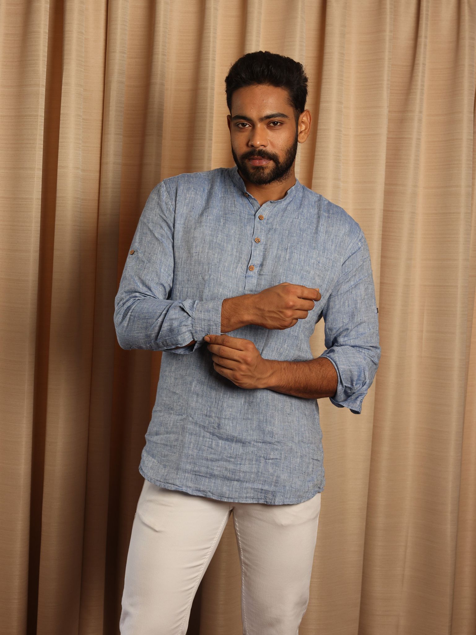 Men Navy Blue Hemp Short Kurta