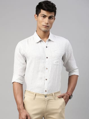 Men White Beige Checks Hemp Formal Full Sleeve Shirt