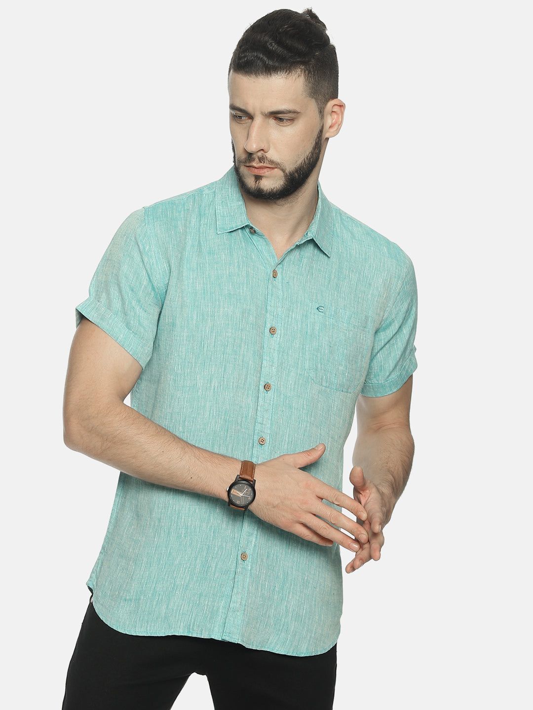 Men Teal Green Hemp Casual Half Sleeve Shirt