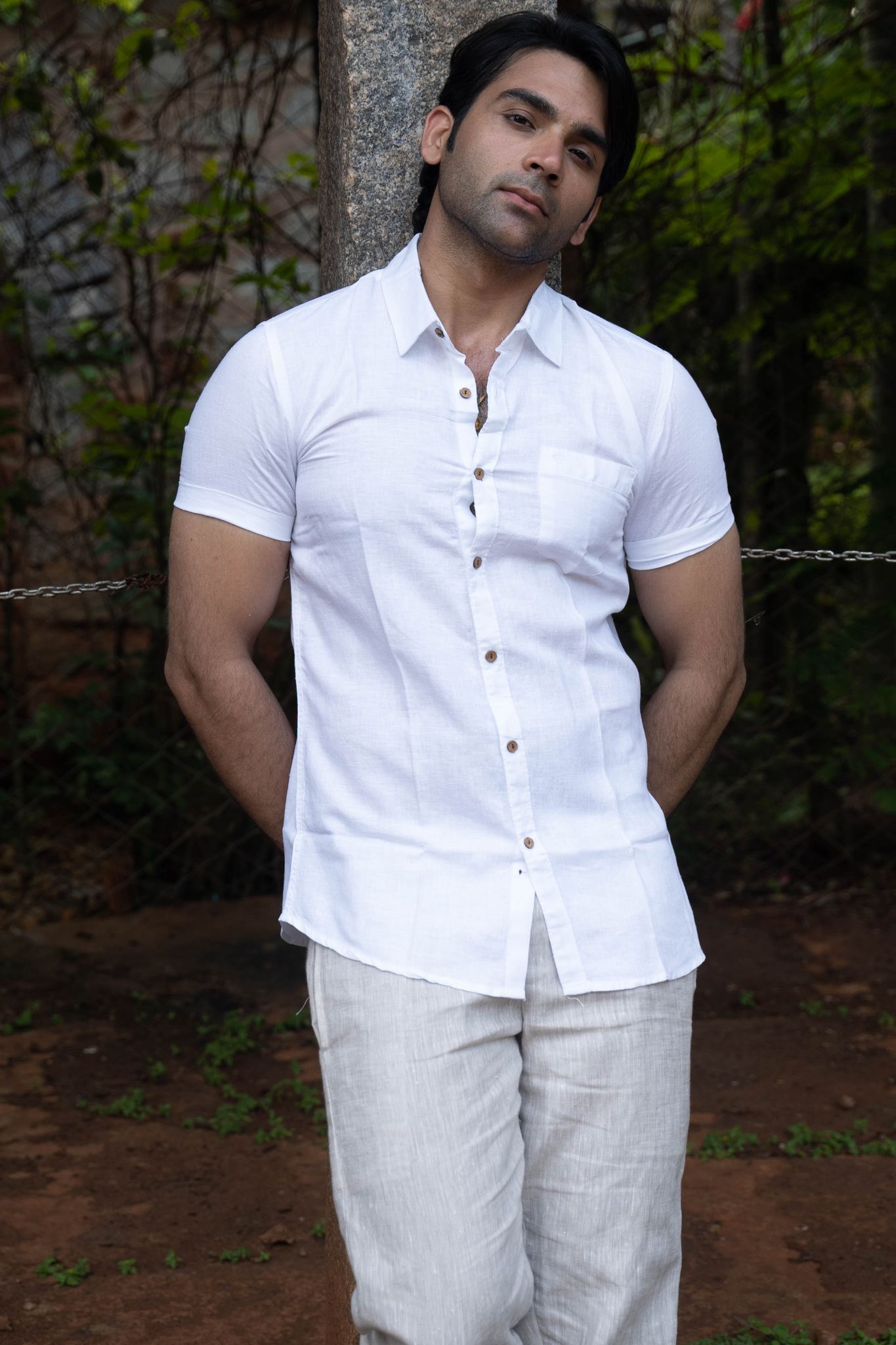 Men White Hemp Casual Half Sleeve Shirt