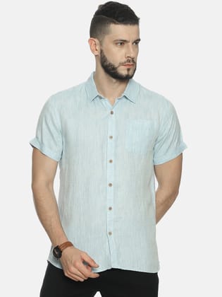 Men Sky Blue Hemp Casual Half Sleeve Shirt