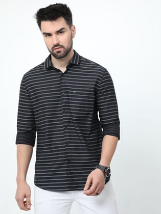 Classic Polo Mens Pure Cotton Full Sleeves Striped Slim Fit Polo Neck Black Color Woven Shirt | So2-173 B-Fs-Str-Sf