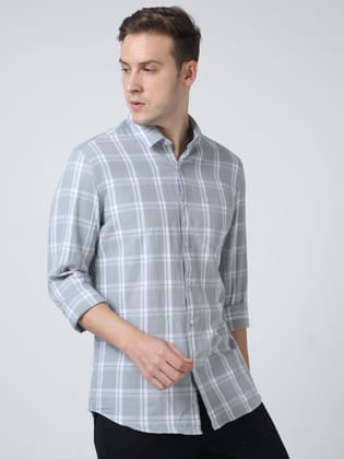 Classic Polo Mens Pure Cotton Full Sleeves Checked Slim Fit Polo Neck Grey Color Woven Shirt | So2-104 B-Fs-Chk-Sf