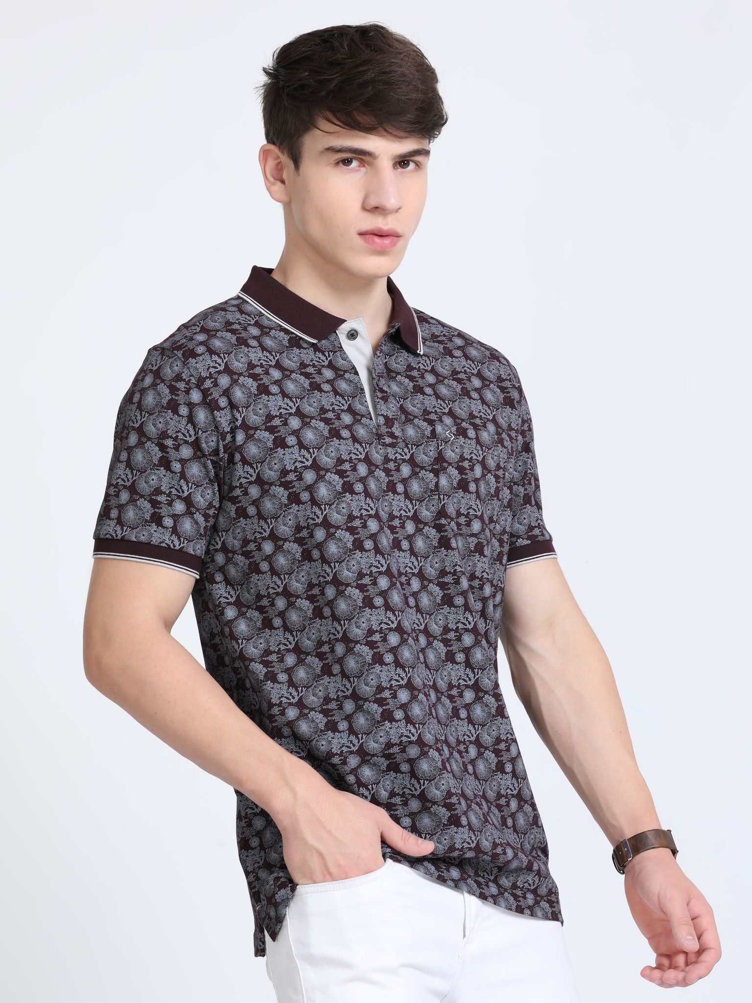 Classic Polo Mens Pure Cotton Half Sleeves Floral Slim Fit Polo Neck Black Color T-Shirt | Beau - 219 B Sf P