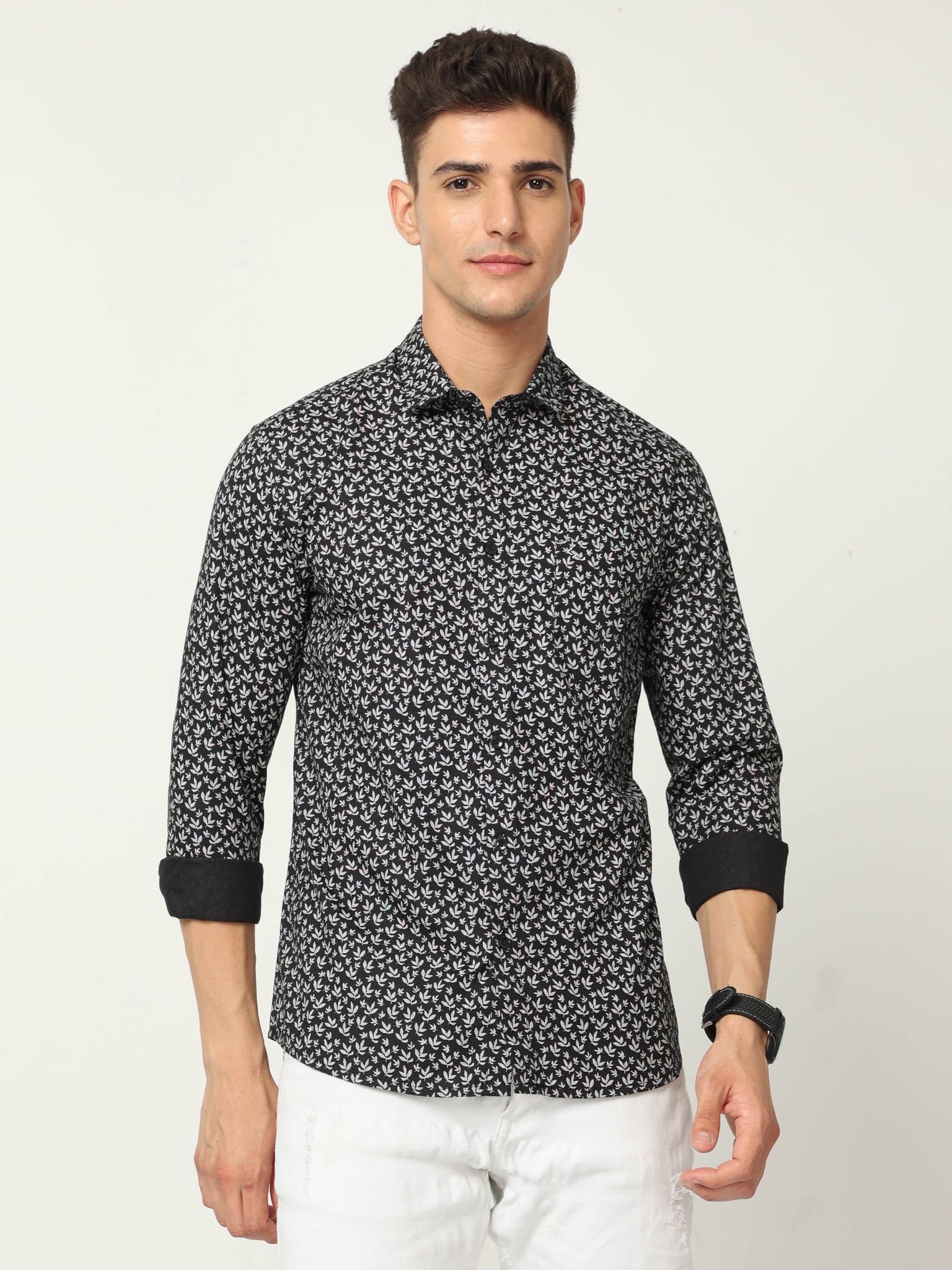 Classic Polo Mens Cotton Full Sleeve Printed Slim Fit Polo Neck Black Color Woven Shirt | SO1-169 B-FS-PRT