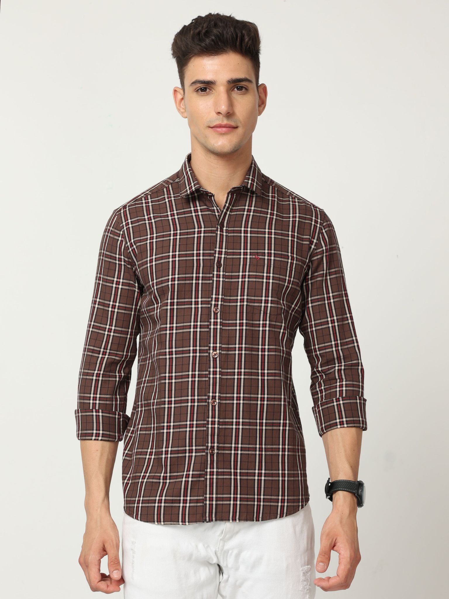 Classic Polo Mens Cotton Full Sleeve Checked Slim Fit Polo Neck Brown Color Woven Shirt | SO1-04 A-FS-CHK