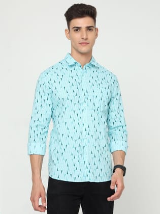 Classic Polo Mens Cotton Full Sleeve Printed Slim Fit Polo Neck Aqua Color Woven Shirt | SO1-150 B-FS-PRT