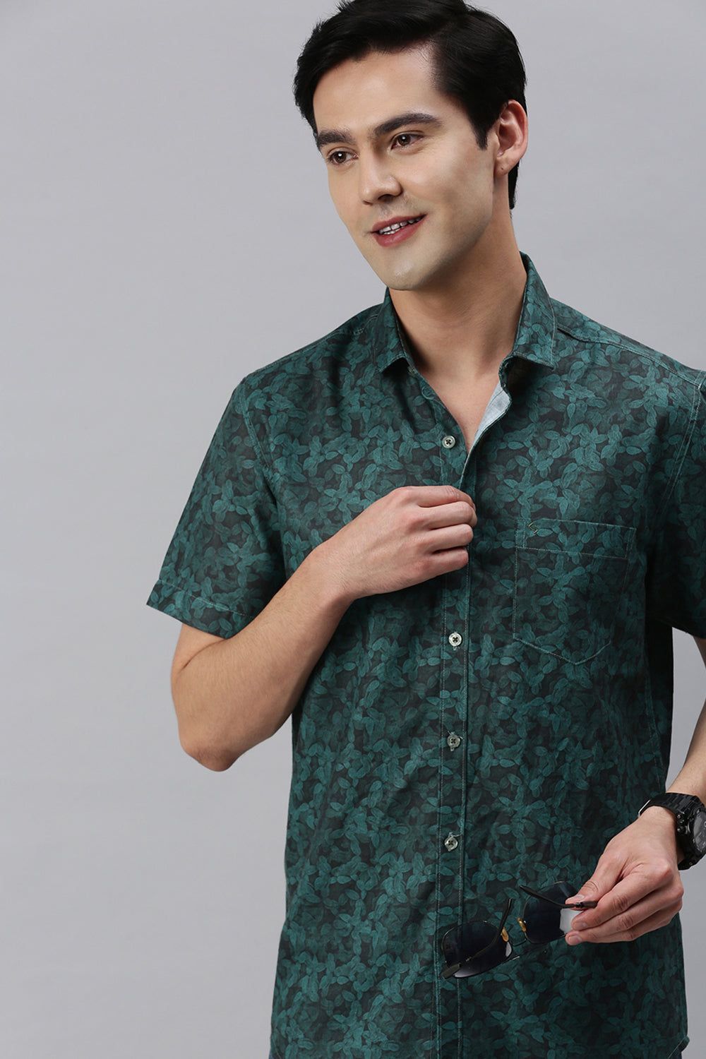 Classic Polo Men's Cotton Full Sleeve Printed Slim Fit Polo Neck Green Color Woven Shirt | So1-30 A