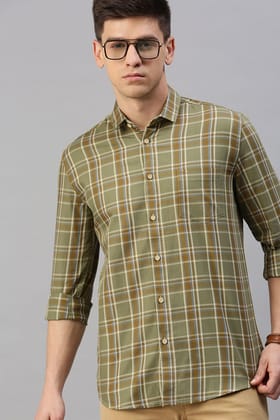 Classic Polo Men's Cotton Full Sleeve Checked Slim Fit Polo Neck Green Color Woven Shirt | So1-161 B