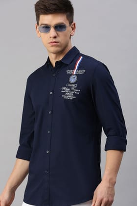 CP BRO Men's Cotton Full Sleeve Solid Slim Fit Polo Neck Navy Color Woven Shirt | Sbo1-58 B