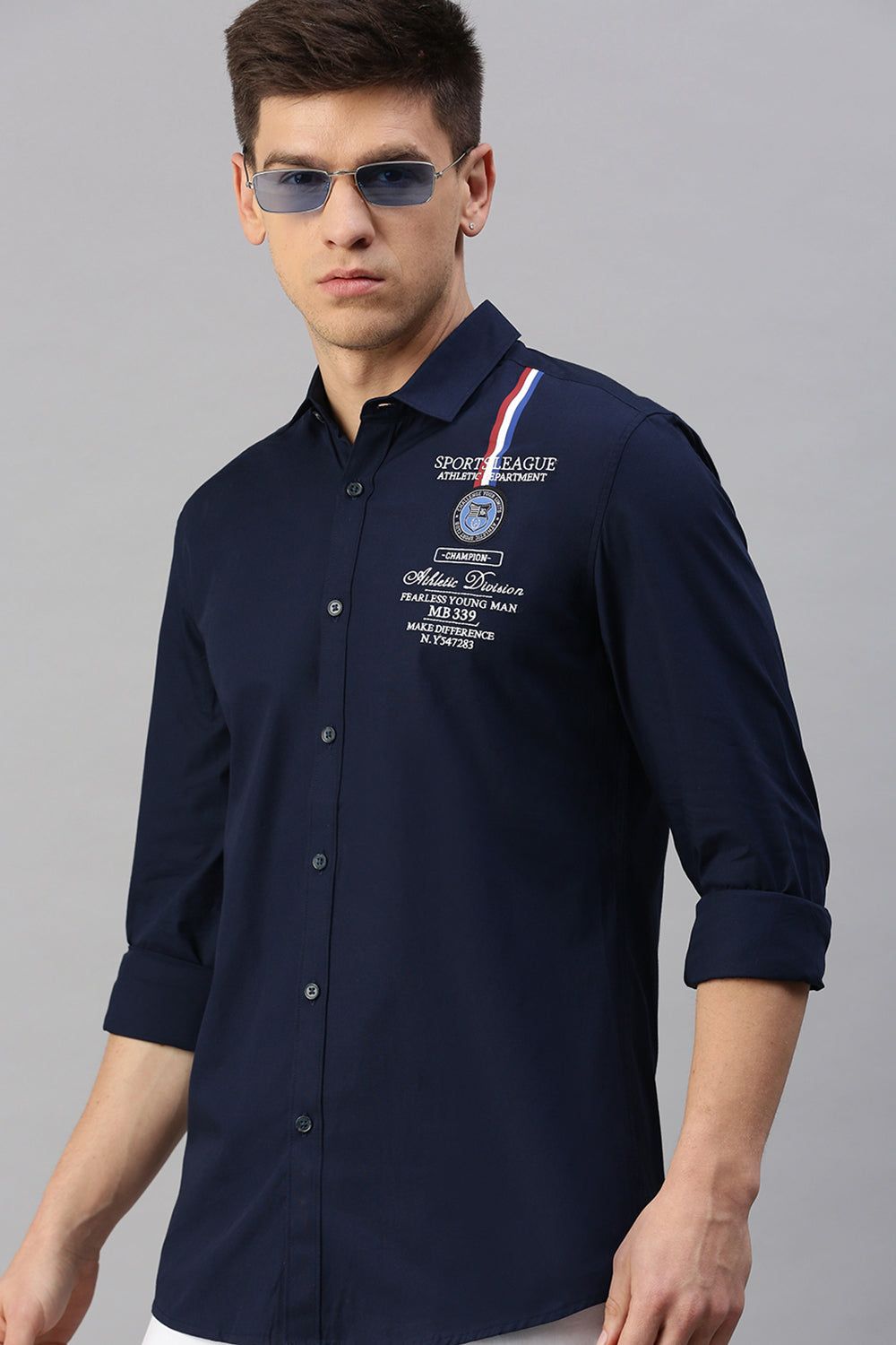 CP BRO Men's Cotton Full Sleeve Solid Slim Fit Polo Neck Navy Color Woven Shirt | Sbo1-58 B