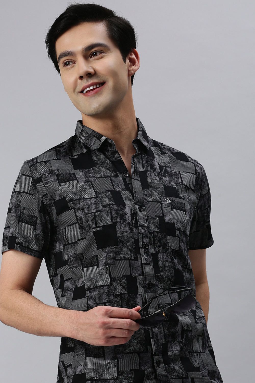 CP BRO Men's Cotton Full Sleeve Printed Slim Fit Polo Neck Black Color Woven Shirt | Sbo1-11 B