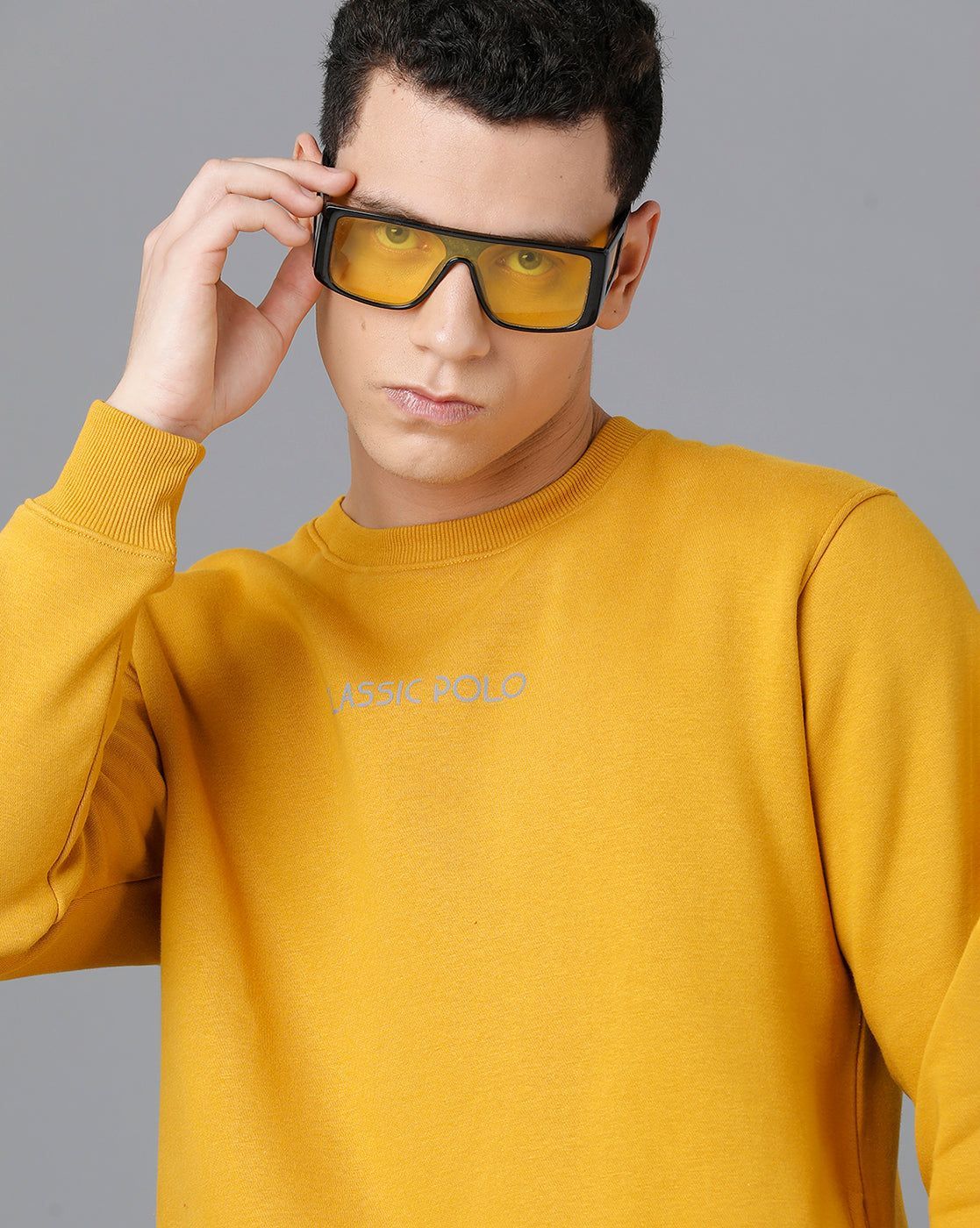 Classic Polo Mens Cotton Blend Full Sleeve Solid Slim Fit Yellow Color Round Neck Sweat Shirt | Cpss - 414 G