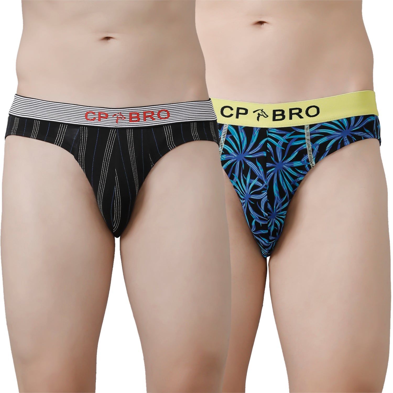 CP BRO Men's Printed Briefs with Exposed Waistband Value Pack - Black Stripe & Blue Leaf (Pack of 2)