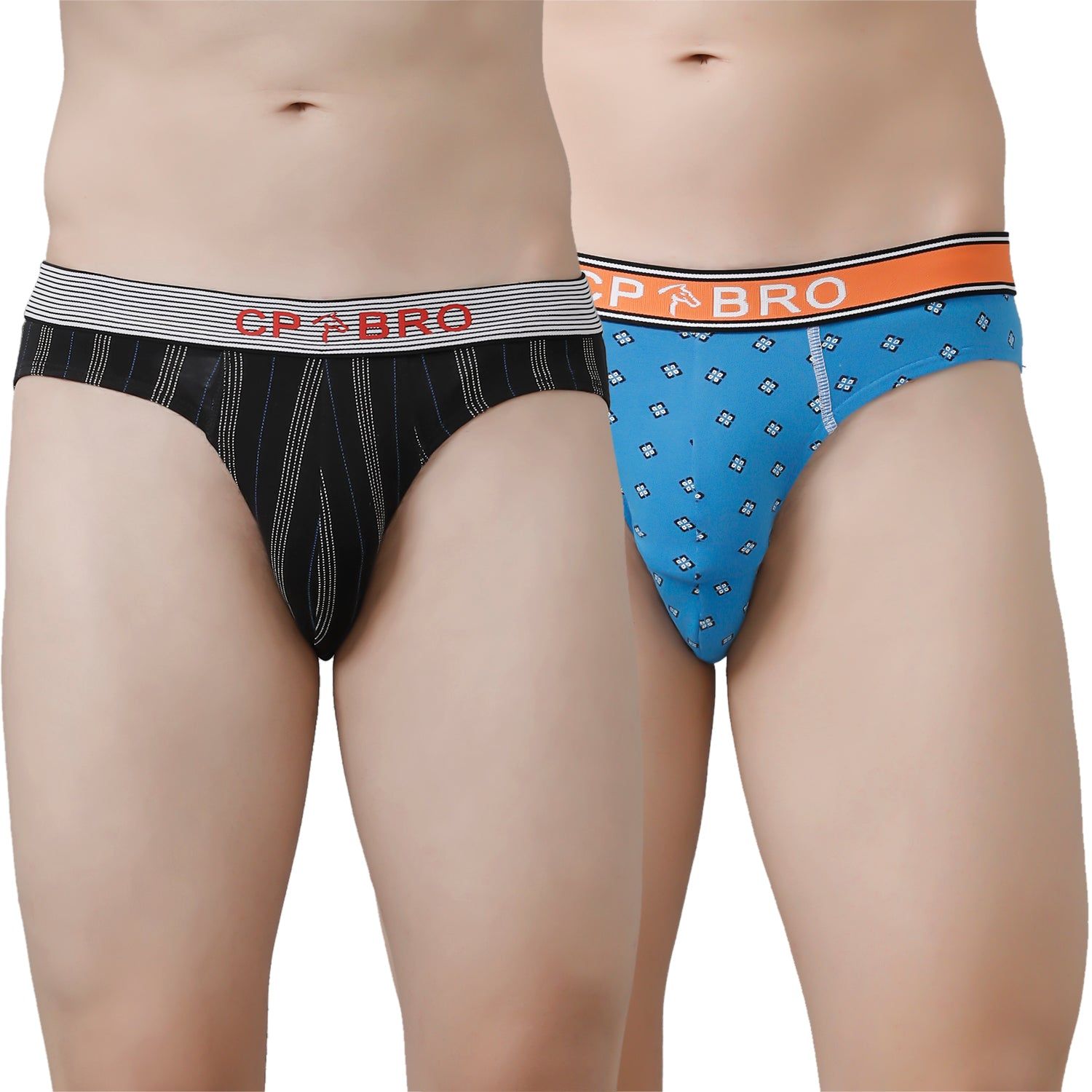 CP BRO Men's Printed Briefs with Exposed Waistband Value Pack - Black Stripe & Blue (Pack of 2)