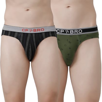 CP BRO Men's Printed Briefs with Exposed Waistband Value Pack - Black Stripe & Olive Green (Pack of 2)