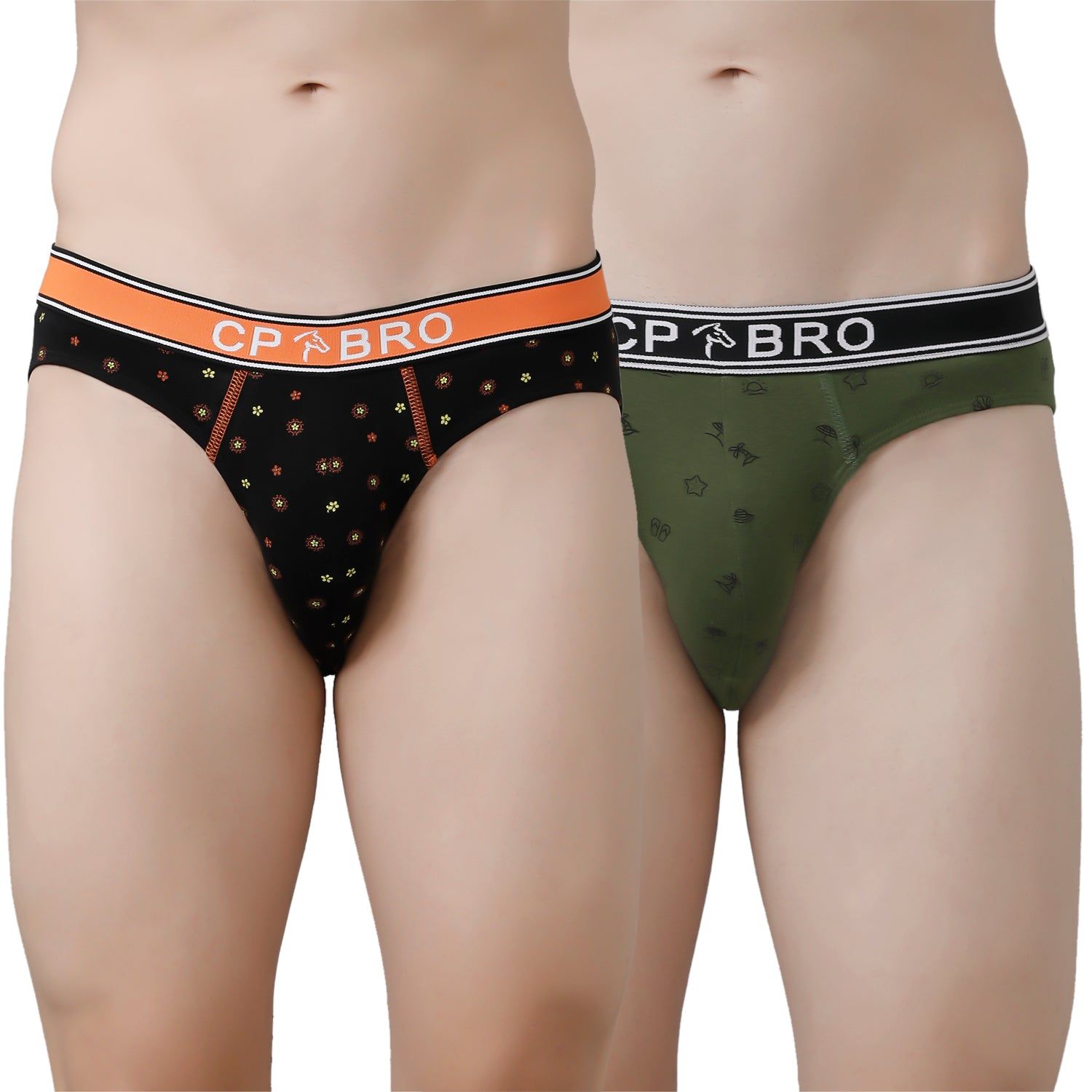 CP BRO Men's Printed Briefs with Exposed Waistband Value Pack - Black Dot & Olive Green (Pack of 2)